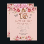 Papier Papillons floraux rose joyeux 16e anniversaire<br><div class="desc">Parties scintillant fille,  arrière - plan rose millénaire,  avec une typographie de nom de script sophistiquée. Faux rose or 16 ballons texte. Roses roses et papillon au-dessus de la frontière. Idéal pour fêtes douces de 16.</div>
