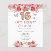 Papier Papillons floraux rose joyeux 16e anniversaire (Devant)