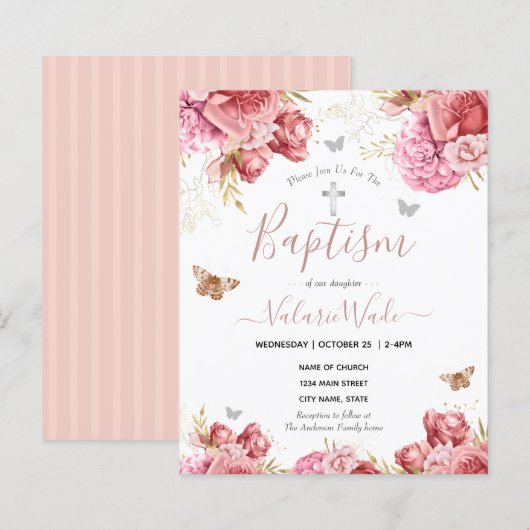 Papier Papillons floraux roses Baptême Invitations budgét (Devant / Derrière)