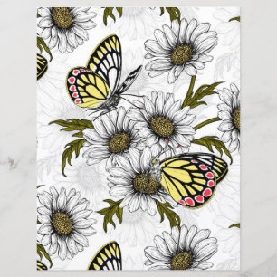 Papier Papillons Jézabel et fleurs marguerites sur blanc