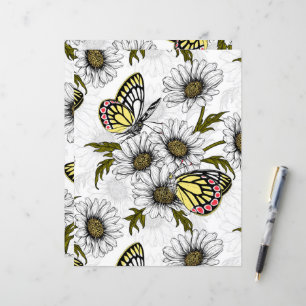 Papier Papillons Jézabel et fleurs marguerites sur blanc