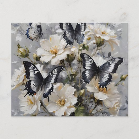 Papier Papillons Noir Et Blanc Sur Fleurs Blanches, (Devant)