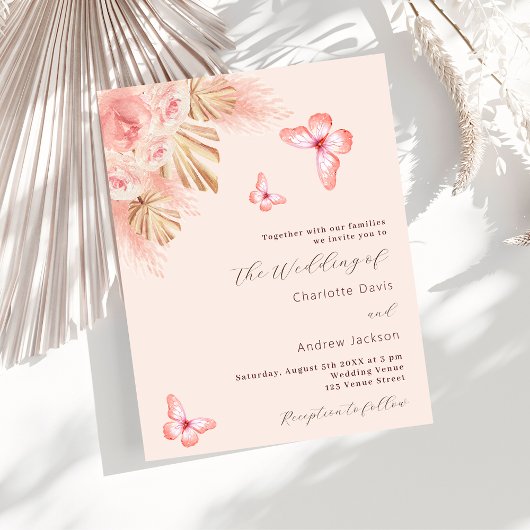 Papier Papillons Pampas rose budget faire-part de mariage