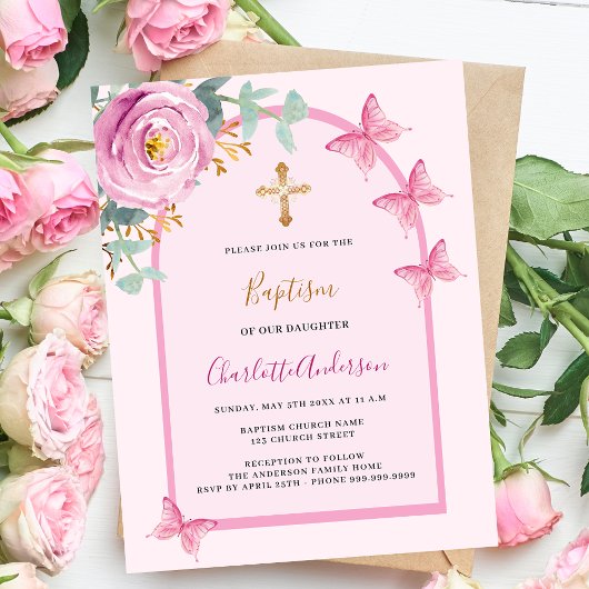 Papier Papillons roses arc fille baptême invitation