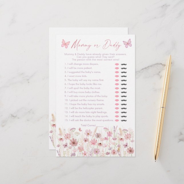 Papier Papillons roses fleurs sauvages jeu devinez qui a  (Devant/Arrière en situation)