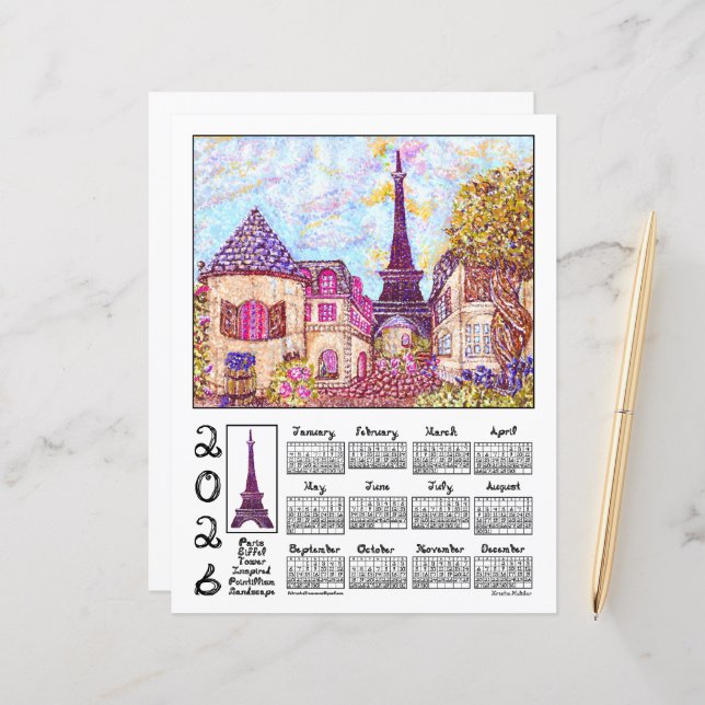 Papier Paris Eiffel Pointillism Landscape 2026 Calendar (Devant/Arrière en situation)