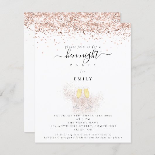 Papier Parties scintillant Budget Champagne Hen Night Inv (Devant / Derrière)