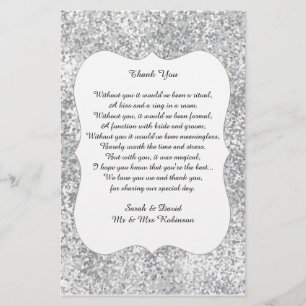 Papier Parties scintillant en argent Mariage Poème Merci