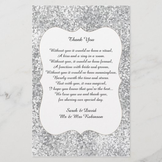 Papier Parties scintillant en argent Mariage Poème Merci (Devant)