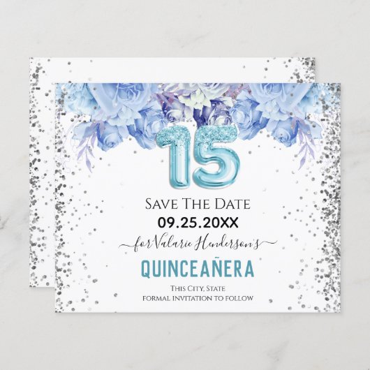 Papier Parties scintillant florale Blue Quinceañera Enreg (Devant / Derrière)