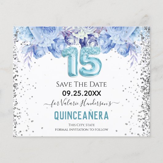 Papier Parties scintillant florale Blue Quinceañera Enreg (Devant)