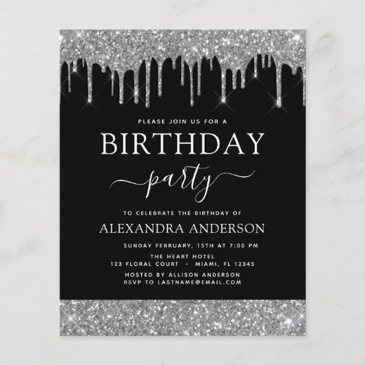 Papier Parties scintillant noire argent budget Invitation (Devant)