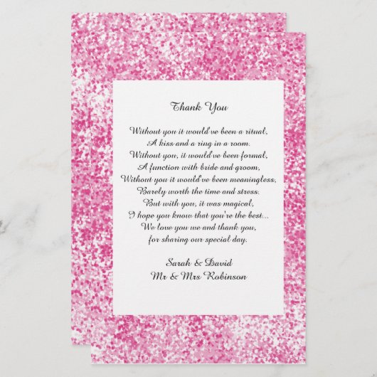 Papier Parties scintillant rose Mariage Poème Merci Favor (Devant / Derrière)