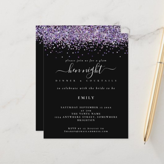 Papier Parties scintillant violet Glam Budget Hen Night B (Devant/Arrière en situation)