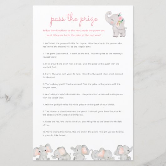 Papier Passer Le Jeu Baby shower Prix - Eléphant Rose (Devant)