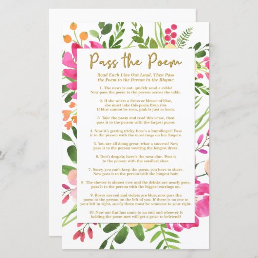Papier Passez le Poem Shower Jeu, Jeux de Fête des mariée (Devant / Derrière)