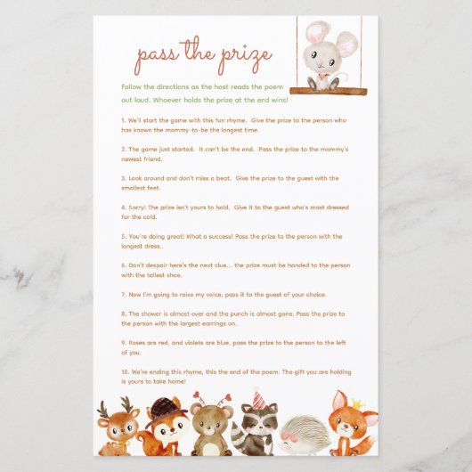 Papier Passez le prix jeu de baby shower Woodland Creatur (Devant)