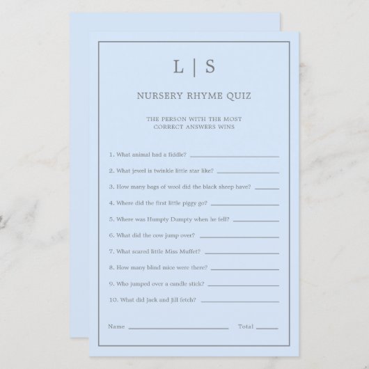 Papier Pastel Blue Nursery Rhyme Quiz Baby shower Jeu (Devant / Derrière)