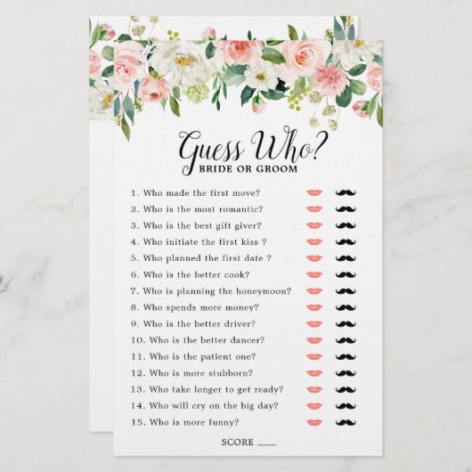 Papier Pastel Blush Fête des mariées Rose Devinez Qui (Devant / Derrière)