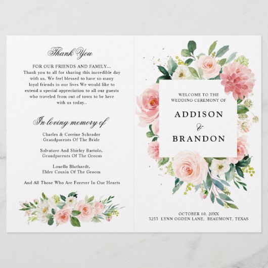 Papier Pastel Blush Pretty Rose Botanical Wedding Program (Devant)