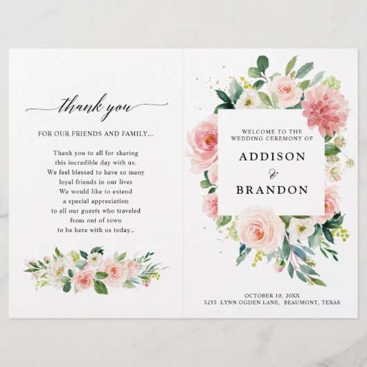 Papier Pastel Blush Pretty Rose Botanical Wedding Program (Devant)