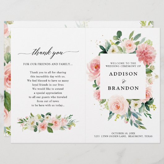 Papier Pastel Blush Pretty Rose Botanical Wedding Program (Devant / Derrière)