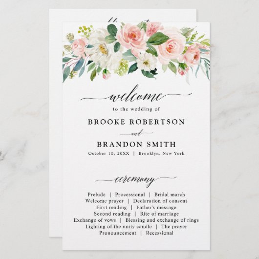 Papier Pastel Blush Pretty Rose Botanical Wedding Program (Devant / Derrière)