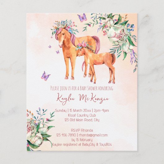 Papier Pastel rose bébé cheval budget baby shower invitat (Devant)