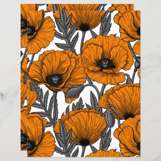 Papier Pavot orange sur blanc (Devant / Derrière)
