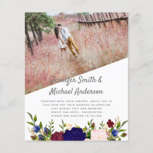 Papier Pays Bleu Bourgogne Rose Floral Mariage Invite