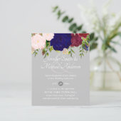 Papier Pays Bleu Bourgogne Rose Floral Mariage Invite (Debout devant)