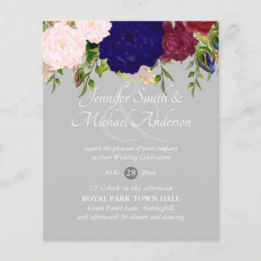 Papier Pays Bleu Bourgogne Rose Floral Mariage Invite (Devant)