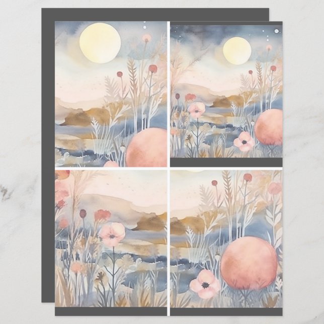 Papier Paysage fleuri avec lune 1 de 2 (Devant / Derrière)