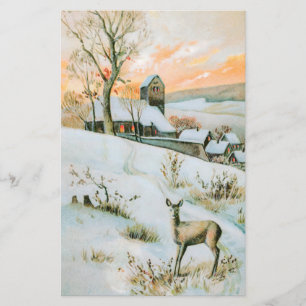 Papier Paysage hivernal vintage de neige avec cerf