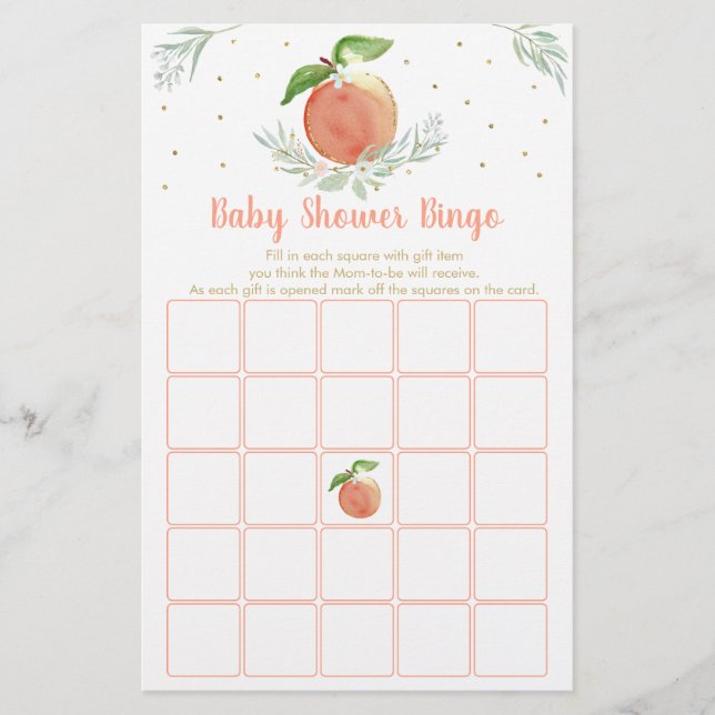 Papier Peach Gold Floral Baby shower Jeu de Bingo (Devant)