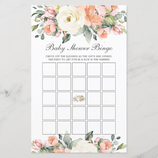 Papier Peach Ivory Floral Baby shower Bingo Party Jeu (Devant)