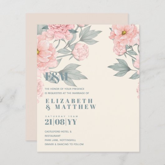 Papier Peach Peonies Sage Floral Budget Mariage (Devant / Derrière)