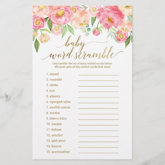 Papier Peach & Pink Peony Flower Word Scramble Jeu (Devant)