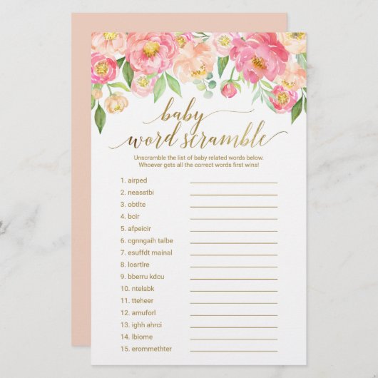 Papier Peach & Pink Peony Flower Word Scramble Jeu (Devant / Derrière)