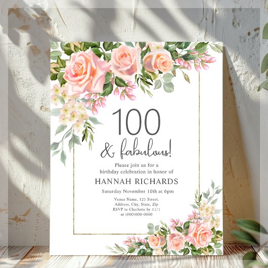 Papier Peach Pink Roses Floral 100th Birthday Invitation