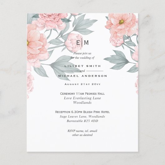Papier Peach Push Peach PEONIES Mariage Inviter Réception (Devant)