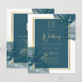 Papier Peacock Blue Gold Alcohol ENK Chic Wedding Invitat (Devant / Derrière)