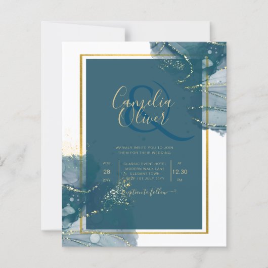 Papier Peacock Blue Gold Alcohol ENK Chic Wedding Invitat (Devant)