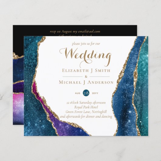 Papier Peacock Blue Green Gold Agate Wedding Inviter CHEA (Devant / Derrière)