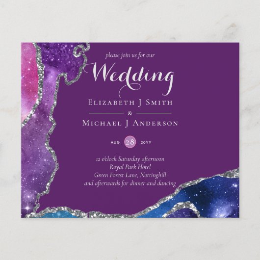 Papier Peacock Violet Blue Agate Mariage Inviter BUDGET (Devant)