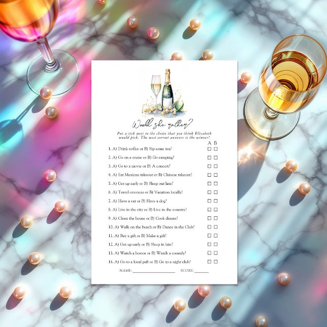 Papier Pearls et Prosecco Voudrait-elle plaire? Jeu nupti (Pearls and Prosecco Would She Rather? Bridal Shower Game)