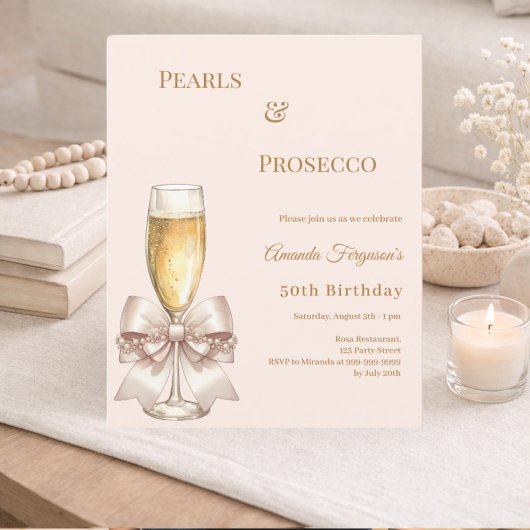 Papier Pearls Prosecco ivory bow birthday invitation
