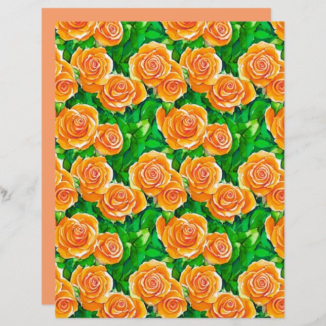Papier Pêche / Corail Orange Aquarelle Roses (Devant / Derrière)