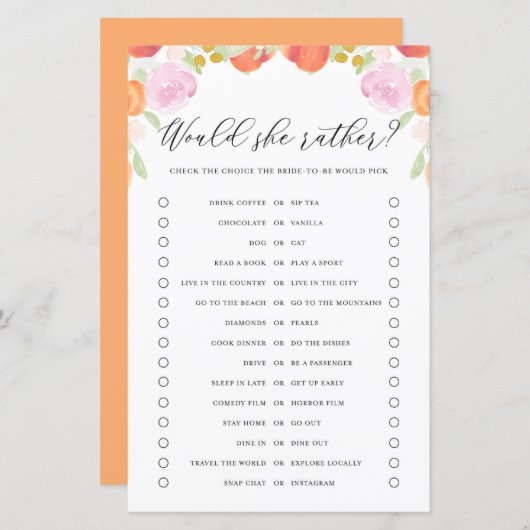 Papier Pêche Floral Voudrait Mariée Plutôt Douche jeu (Devant / Derrière)