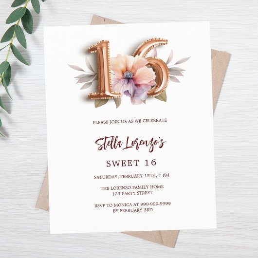 Papier Pêche rose or pêche floral Sweet 16 invitation bud